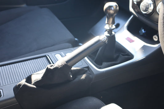 PRE-FITTED Stitch Boots Alcantara Shifter & Handbrake Boot Set – Suits WRX 2008–2014 (USED PARTS)