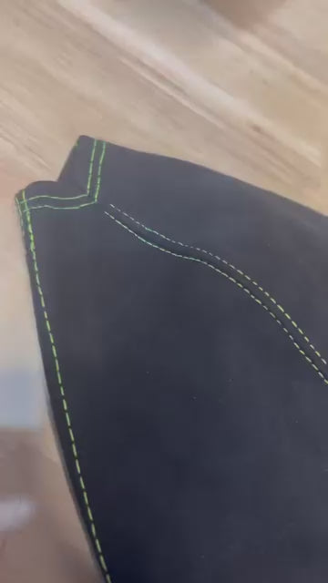 Black Suede Shift Boot With Green Stitching